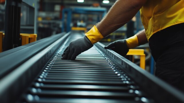Maintenance worker repairing a conveyor belt in a factory. Featuring repair and technical expertise