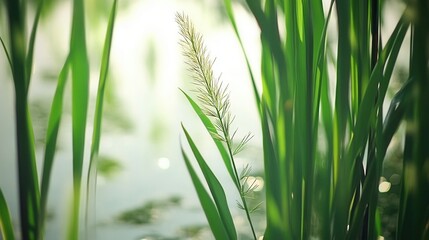 Naklejka premium Lush green grass by a water body