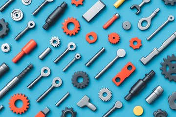 Colorful mechanical parts arranged in a geometric pattern.