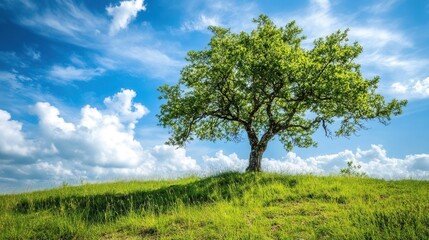 Obraz premium Lush green tree on grassy hill under a vibrant blue sky