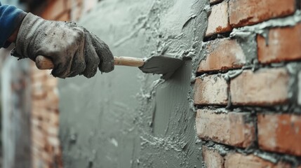 Mason applying cement to brick wall with trowel. Outdoor building site