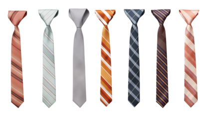 A view of seven different colored ties with various stripe patterns against a transparent background png