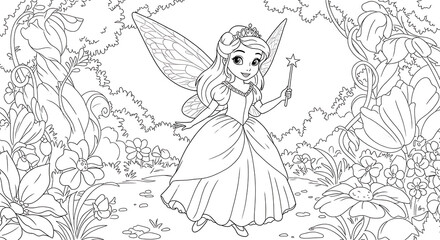  fairy princess cartoon coloring page black and white 