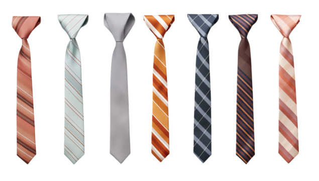 A view of seven different colored ties with various stripe patterns against a transparent background png