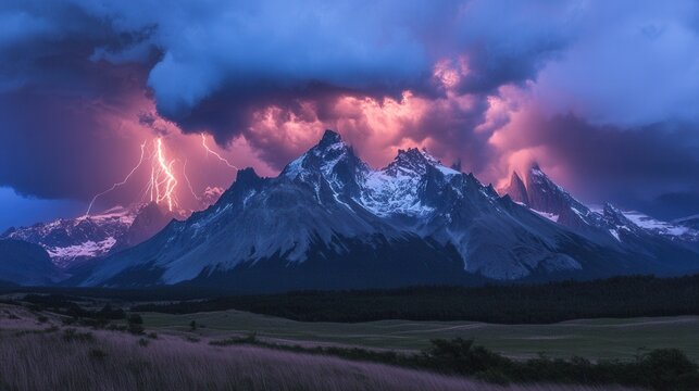 Majestic mountains under a dramatic lightning storm