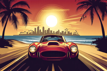Vintage auto sunset drive on Cuba's beach road ai generated