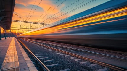 Fototapeta premium High-speed train streaks across sunset station