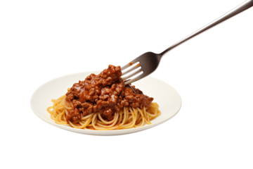 A plate of spaghetti with meat sauce and a fork picking it up on a white background isolated png