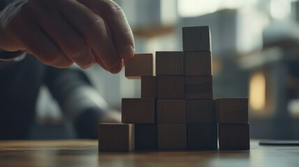Close-up of a business hand stacking wooden blocks in a step-ladder shape, symbolizing growth and success, with a blurred office background.

