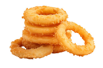A stack of golden crispy onion rings piled high on a transparent background ready to be eaten now png