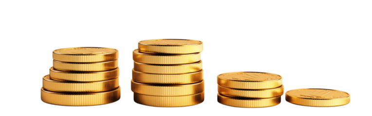 Stacks of gold coins arranged in descending order against a dark transparent background in a studio shot png