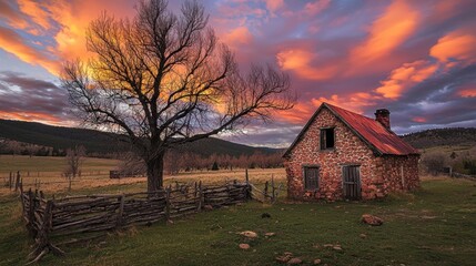 Rustic Stone House at Sunset in Mountain Landscape