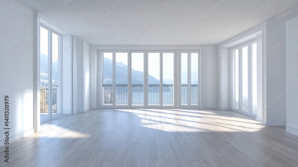 Poster empty modern room with panoramic windows overlooking a serene landscape