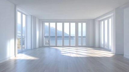 Obraz premium Empty modern room with panoramic windows overlooking a serene landscape