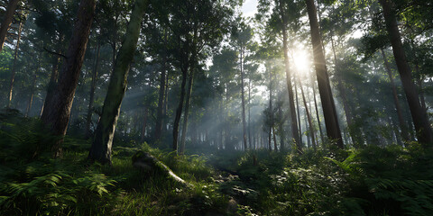 Obraz premium Lush Green Forest with Sunbeams Streaming Through the Trees Wallpaper for Nature Photography, Environmental Branding, or Eco-Tourism Projects