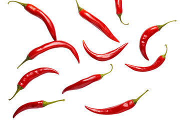 A scattered array of vibrant red chili peppers against a stark transparent background in a simple composition png
