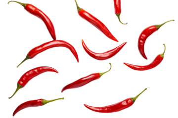 A scattered array of vibrant red chili peppers against a stark transparent background in a simple composition png