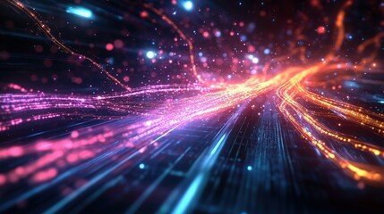 Naklejka premium Abstract Digital Art of Vibrant Swirling Streams of Pink, Orange, and Blue Light Particles Converging and Diverging Against a Dark Background