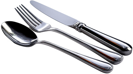 Elegance in Dining: A close-up shot showcases a pristine set of silverware, including a fork, knife, and spoon, reflecting the essence of refined dining experience.
