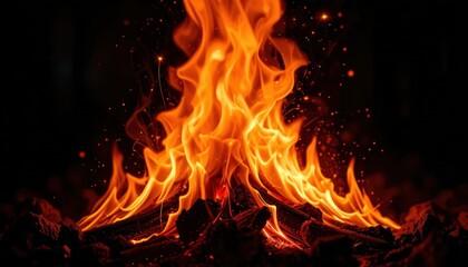 Fototapeta premium Fiery Inferno: Glowing Embers and Dancing Flames Against Black