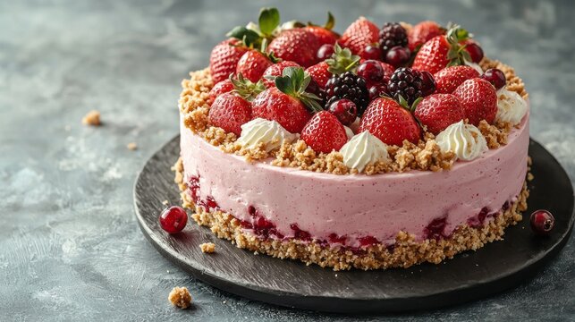 A strawberry cake with whipped cream and nuts on top