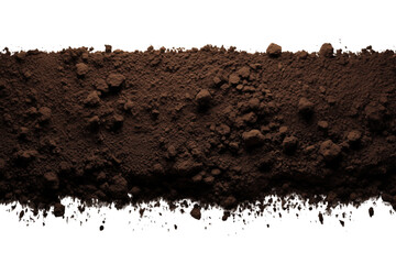 A close up view of dark brown soil with clumps and a transparent background in a horizontal format png