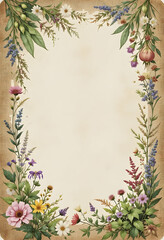 Obraz premium Floral Border Rustic Design Vintage Flowers Beige Background