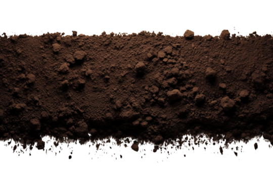 A close up view of dark brown soil with clumps and a transparent background in a horizontal format png