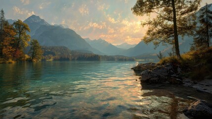 Picturesque Autumnal Landscape View of Hintersee Lake in Bavaria
