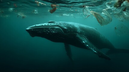 Fototapeta premium Underwater Encounter with a Humpback Whale Amidst Ocean Pollution Ocean Depths Wildlife Photography Subaquatic Environment Close-Up Perspective