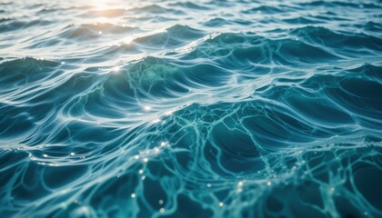 Sunlit Teal Ocean Waves with Abstract Filament Texture