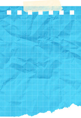 Crumpled torn ripped notepaper sheet with grid pattern texture isolated on transparent background. Crumpled grid paper texture with torn edges and adhesive tape