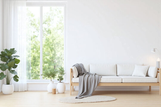 living room with a white couch and a large window