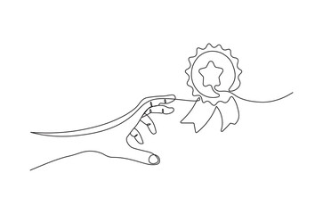 Hand with Winning badge in one continuous line drawing. Single line drawing illustration of Award winning ribbon with hand.  Symbol of a winner concept vector art. Doodle line illustration.
