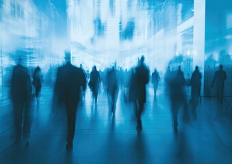 Blurry figures of people rushing in a modern hall.  Busy commuters, a busy scene, flowing movement, city life