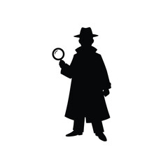 Detective Silhouette Inspecting With Magnifying Glass Wearing Trench Coat And Fedora Hat