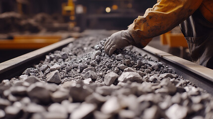 Mining laborer sorting minerals by hand at a processing station. Featuring manual labor and sorting