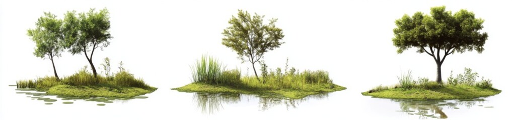 Fototapeta premium Three small islands with trees and grass by a calm water