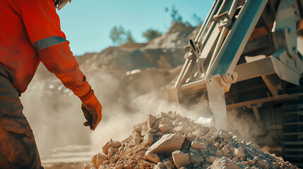 Mining operator adjusting settings on a rock crushing machine. Featuring control and operation