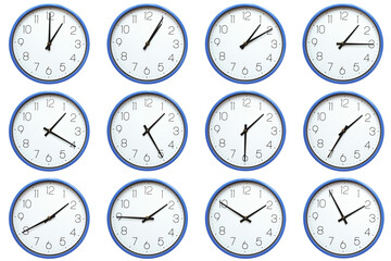 round wall clocks with white faces and a blue rim. Each set displays times from 01:00 to 01:55 or 13:00 to 13:55 in 5 minute intervals, ideal for educational or time teaching stock content.