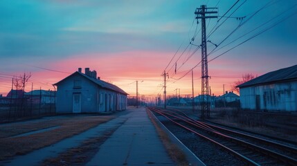 Fototapeta premium Tranquil railway station at sunrise