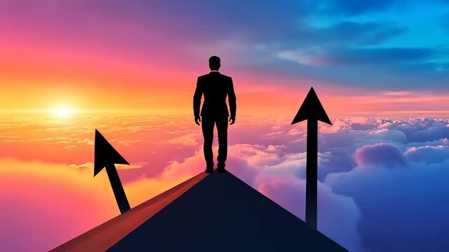 Businessman standing on a peak with arrows pointing upward, overlooking a vibrant sunrise over clouds