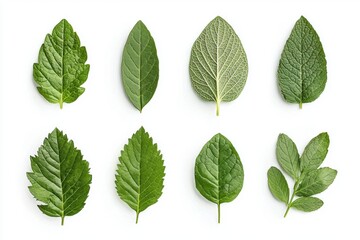 Naklejka premium A collection of eight distinct green leaves arranged in a row, showcasing various shapes and textures against a white background.