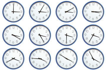 round wall clocks with white faces and a blue rim. Each set displays times from 03:00 to 03:55 or 15:00 to 15:55 in 5 minute intervals, ideal for educational or time teaching stock content.