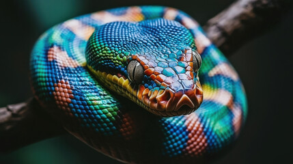 Fototapeta premium Vibrant close up of colorful snake coiled on branch