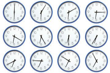 round wall clocks with white faces and a blue rim. Each set displays times from 06:00 to 06:55 or 18:00 to 18:55 in 5 minute intervals, ideal for educational or time teaching stock content.