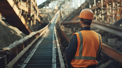 Mining operator overseeing the functioning of conveyor belts at a mining facility. Featuring supervision and operation
