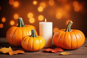 pumpkins and candles on a wooden table with autumn leaves