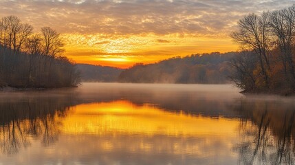 Fototapeta premium Peaceful autumn sunrise over a calm lake