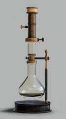 Obraz premium A vintage glass laboratory apparatus with a round bottom flask and a vertical tube, used for scientific experiments.